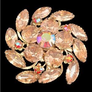 Vintage Luxe 1950s Flower Swirl Rhinestone Brooch Pink Red Retro Statement